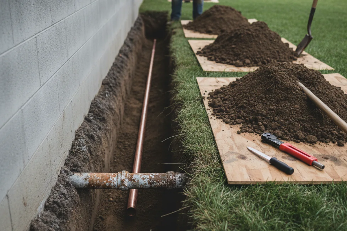 Excavated water line trench during Water Heater Repair in Vance